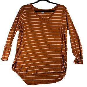 Old Navy Luxe Tunic‎ Top Women's M Medium Brown Striped Long Sleeve V Neck